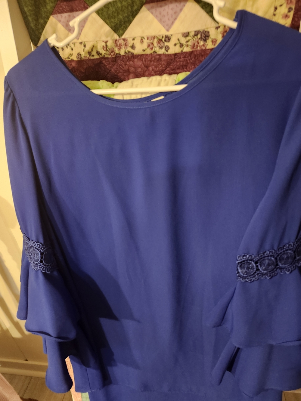 Women's Blue Ruffle Sleeve Blouse with Lace Trim